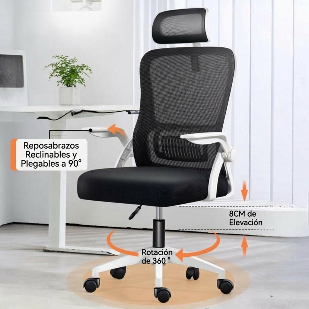 Silla de Oficina, para Gaming, Escritorio Ergonmica con Reposacabezas, Ajustable y con Soporte Lumbar Respaldo de Malla Transpirable Reposabrazos Abatibles de 90 Giratoria 360 (SF168-002) - Bild 4