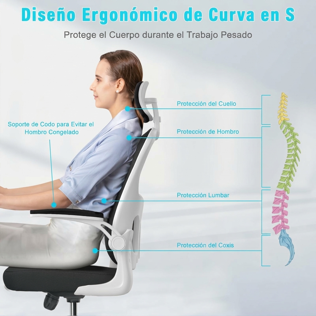 Silla de Oficina, para Gaming, Escritorio Ergonmica con Reposacabezas, Ajustable y con Soporte Lumbar Respaldo de Malla Transpirable Reposabrazos Abatibles de 90 Giratoria 360 (SF168-002) - Bild 2
