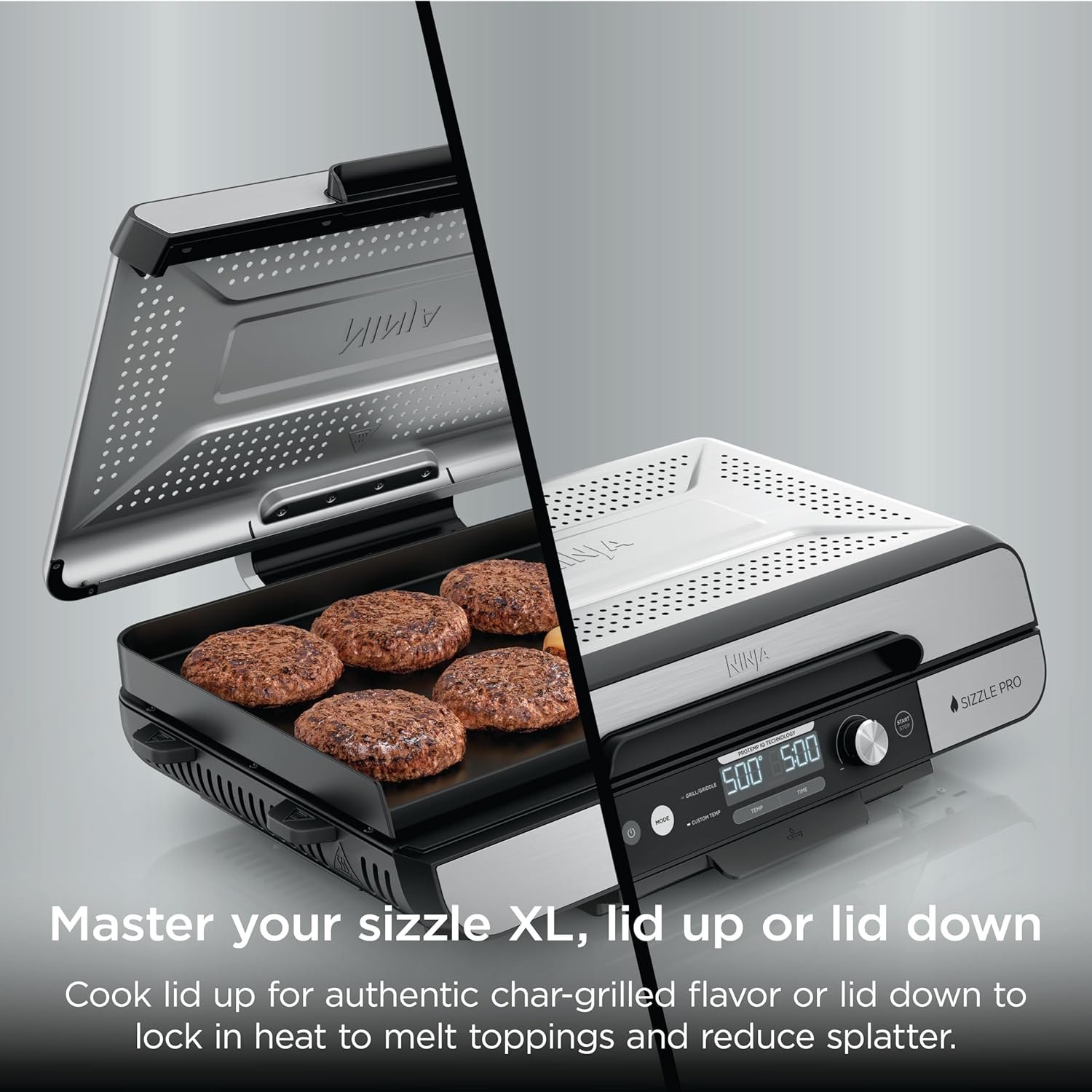 Ninja Sizzle Pro XL Indoor Grill & Flat Plate – Non-Stick Ceramic Plates, Detachable Lid, Grease Catch & Recipe Guide (Silver/Black GX101UK) - Bild 5